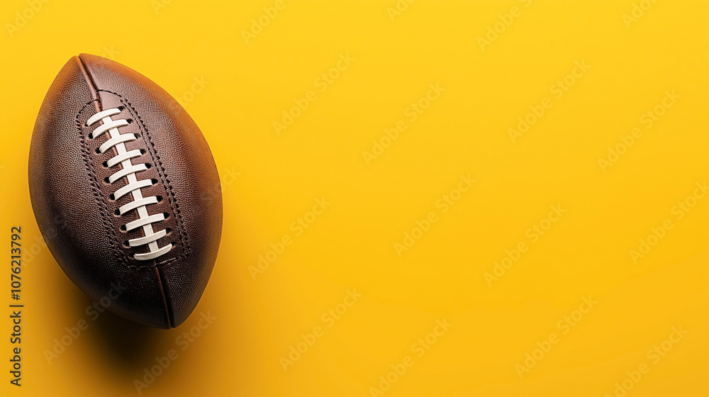 Brown leather American football with white laces on a vibrant yellow background, positioned diagonally for striking visual impact Brown leather American football with white laces on a vibrant yellow background, positioned diagonally for striking visual impact