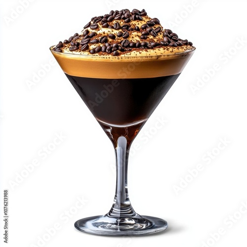 A photostock of a gourmet chocolate martini topped with coffee beans, ideal for cocktail or dessert themes, isolated on transparent PNG background, High Quality