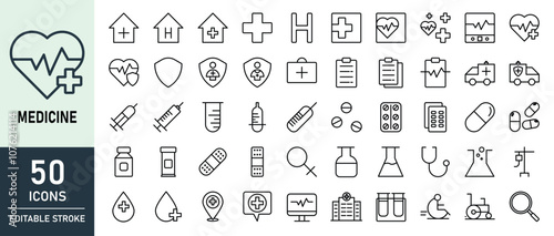 A collection of 50 minimalist medicine icons with editable strokes, featuring medical tools, healthcare symbols, hospitals, pills, and lab equipment, ideal for medical apps, websites, and health-relat