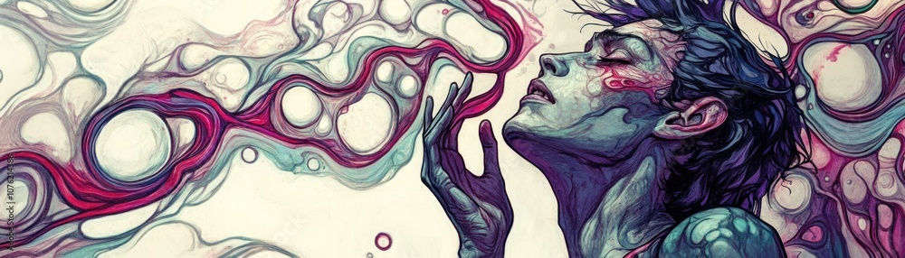 A surreal depiction of a person interacting with colorful, flowing abstract elements. A surreal depiction of a person interacting with colorful, flowing abstract elements.