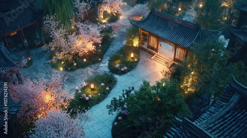 Peony Pavilion Garden Tour, New Chinese style, night view, atmosphere, with plum blossoms and willow trees in the scene, top-down view, large perspective, C4D, redshift renderer, high-definition 8K photo