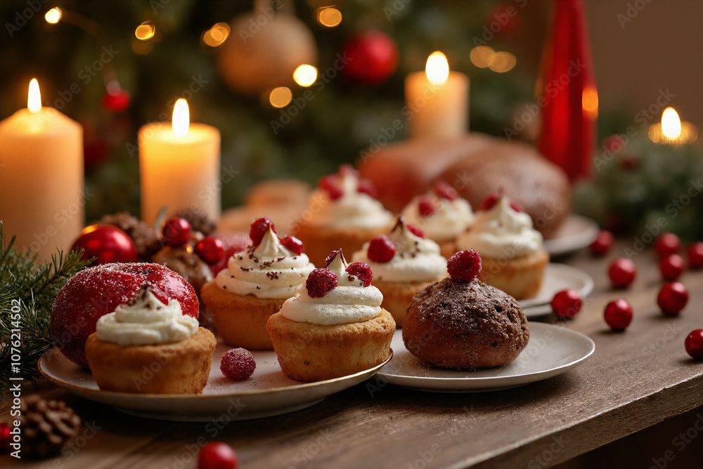 cupcakes are adorned with vibrant red and green frosting, adding to the overall festive atmosphere. In the background, image exudes a sense of joy and christmas celebration cupcakes are adorned with vibrant red and green frosting, adding to the overall festive atmosphere. In the background, image exudes a sense of joy and christmas celebration