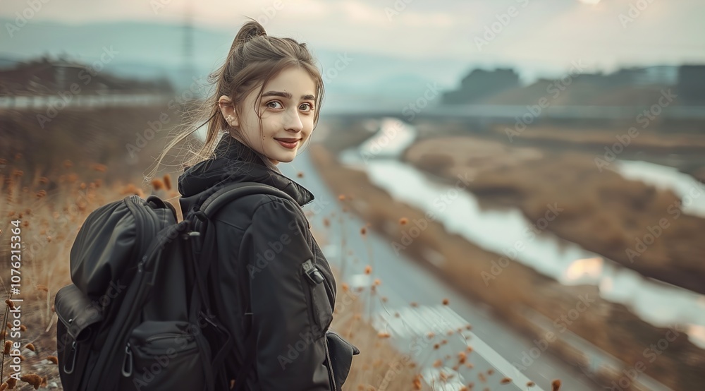 college student cute European 18 year old girl with backpack standing campus outside college student cute European 18 year old girl with backpack standing campus outside