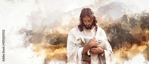 Jesus Christ holding a lamb in a serene landscape with soft lighting, showcasing detailed watercolor artistry and realistic style