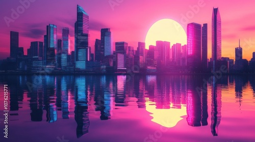 A stunning sunset over a modern skyline, reflecting vibrant pink and purple hues on the water's surface.
