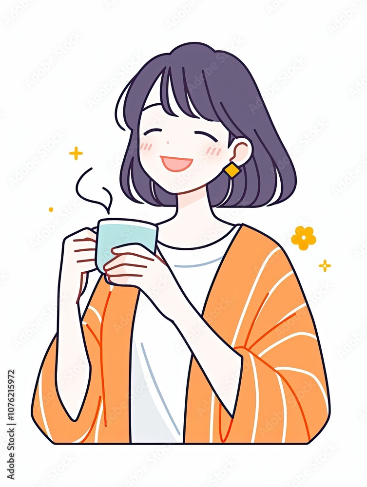 Cute Icon of a Person Drinking a Hot Beverage in Flat Style, Holding a Mug of Hot Chocolate or Mulled Cider with Soft Colors on a White Background Cute Icon of a Person Drinking a Hot Beverage in Flat Style, Holding a Mug of Hot Chocolate or Mulled Cider with Soft Colors on a White Background