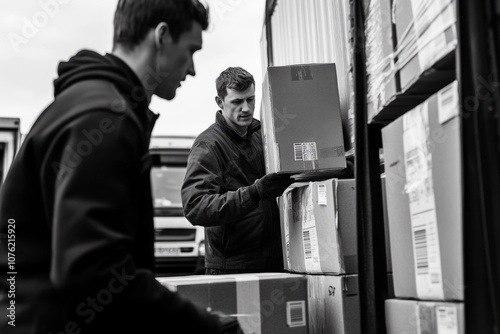 Two delivery workers are loading boxes into a truck. Their teamwork is vital for efficiency. This image captures the essence of logistics in motion. Generative AI photo