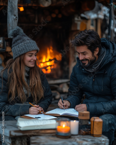 Family writing New Year's resolutions together around a cozy fireplace, reflecting on goals for the new year, with notebooks, candles, and a calm, intimate atmosphere, shot with a 50mm lens, using war