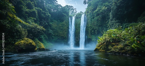 Fototapeta Naklejka Na Ścianę i Meble -  A beautiful waterfall with four waterfalls in a lush green forest
