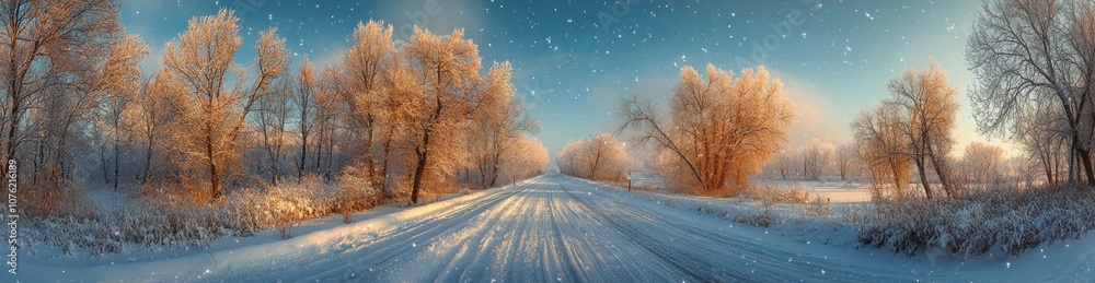 A snowy road with trees in the background A snowy road with trees in the background