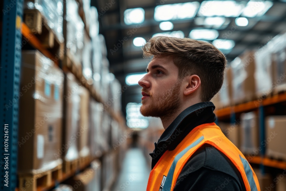 A focused warehouse worker stands in an organized space. He wears a bright safety vest. The atmosphere is professional and attentive to safety. Generative AI