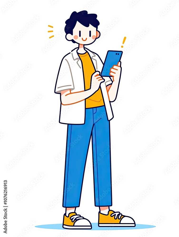 Cute Icon of a Young Man Using a Mobile Phone, Cartoon Stick Figure Style with Thick Line Stroke, Minimalist Design on White Background Cute Icon of a Young Man Using a Mobile Phone, Cartoon Stick Figure Style with Thick Line Stroke, Minimalist Design on White Background