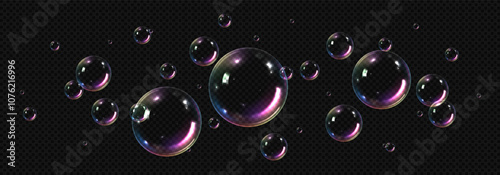 Vector realistic soap bubbles template. Transparent flying liquid bubbles isolated on checkered dark background. Template of round soap bubbles with holographic and glares effect for design.