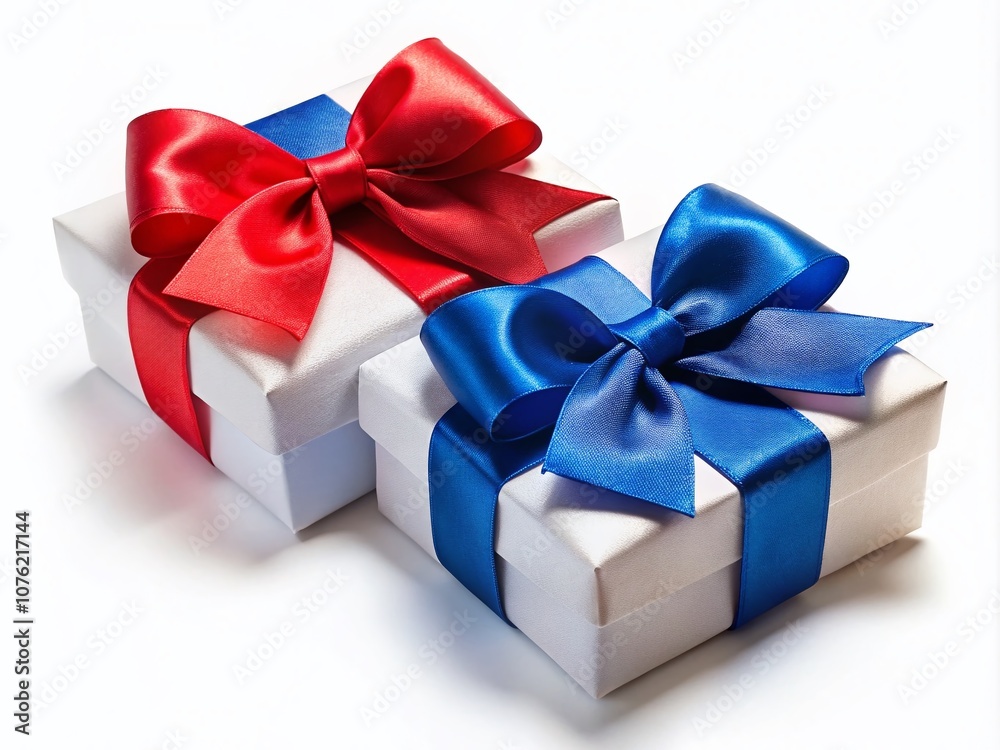 Red and blue bows adorn two white boxes, a macro shot.