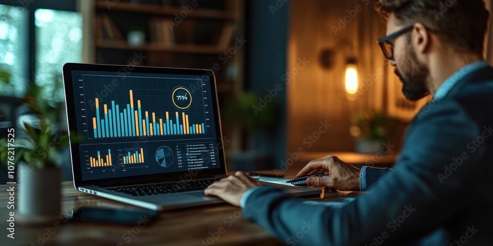 A Man Analyzing Data and Charts on his Laptop in a dimly lit office. A Man Analyzing Data and Charts on his Laptop in a dimly lit office.