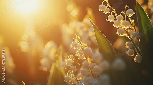 Close-up image of lily of the valley flowers illuminated by sunlight, creating a beautiful floral spring background with ample copy space for text or graphics. photo