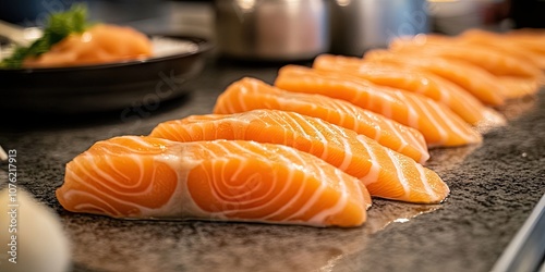 A detailed view of freshly cut salmon ready for sashimi. This close up highlights the preparation of the salmon intended for sashimi dishes.