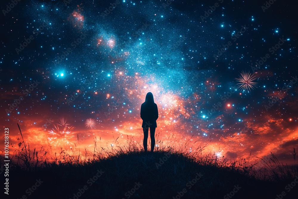 Fototapeta premium Silhouette of a person on a hill, gazing at a star-filled sky with fireworks in the distance, in a reflective, peaceful style