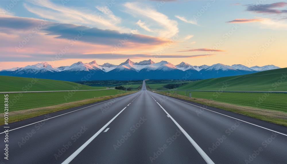 Fototapeta premium Scenic Empty Highway Leading to Majestic Mountains with Serene Sunset Sky