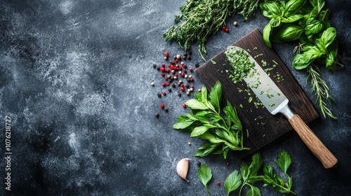 A close-up captures the art of slicing fresh herbs, emphasizing the precision involved in chopping and mixing techniques, and offering ample copy space for text. photo