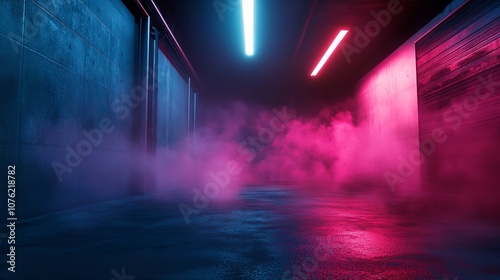 Background of empty room street neon light smoke fog asphalt

 photo