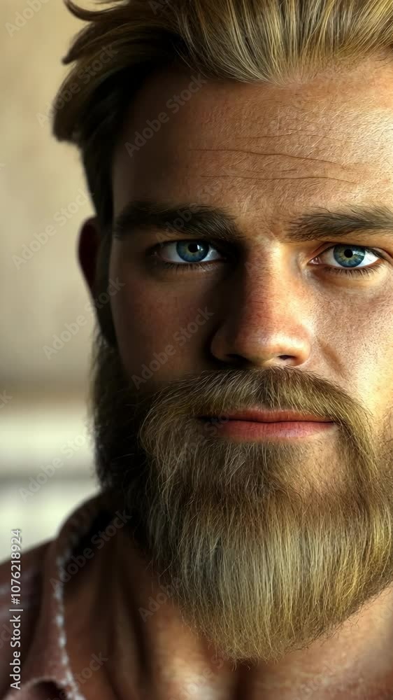 A man with a full beard and blue eyes looks intently at the camera A man with a full beard and blue eyes looks intently at the camera