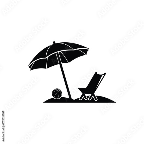 Lounge Chair, umbrella, ball on the beach logo design template
