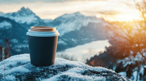 Silicone cup mockup set against a picturesque snowy mountain landscape, providing ample space for your design, with sunlight illuminating the scene in a panoramic view.