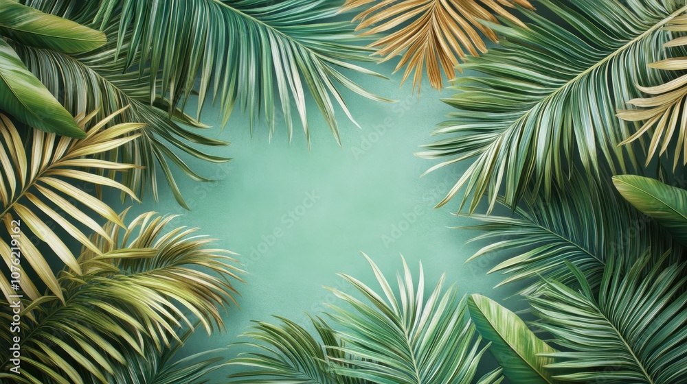 A vibrant arrangement of tropical palm leaves creates a lush, green frame against a soft aqua background. A vibrant arrangement of tropical palm leaves creates a lush, green frame against a soft aqua background.