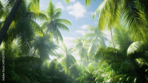 Lush tropical landscape with swaying palm trees and a bright blue sky revealing the beauty of nature.