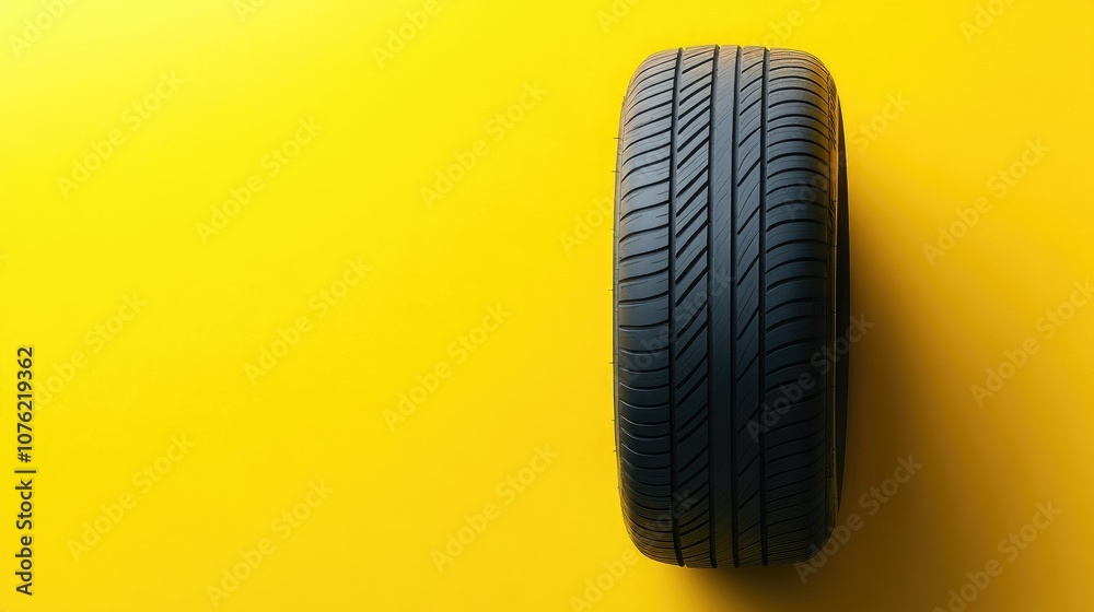 Vibrant tire set against a yellow background, highlighting the unique design and details of the tire, ideal for automotive themes with ample copy space for text. Vibrant tire set against a yellow background, highlighting the unique design and details of the tire, ideal for automotive themes with ample copy space for text.