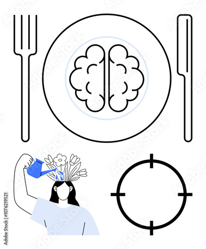 Brain on plate with fork and knife, person watering head with flowers, and target. Ideal for creativity, focus, mental health, education, self-care mindfulness psychological wellness. Line metaphor