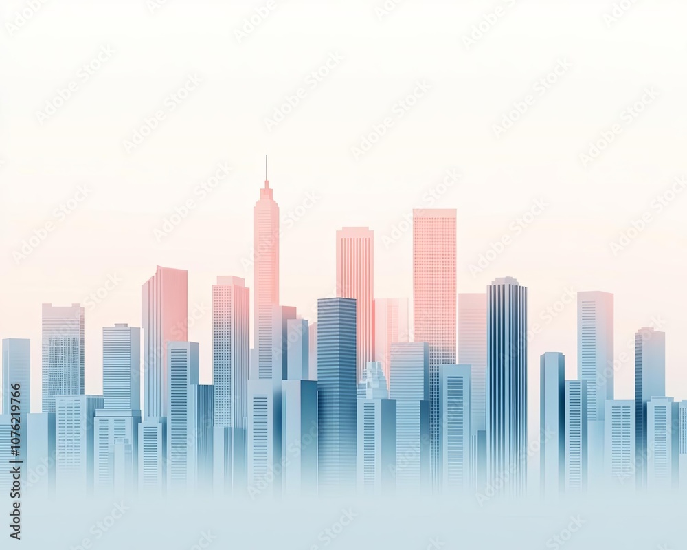 Obraz premium Modern skyline silhouette with pastel hues at dawn against a soft sky.