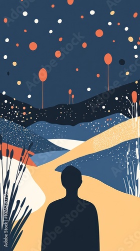 A silhouette gazes at a colorful, abstract landscape filled with stars and organic shapes.