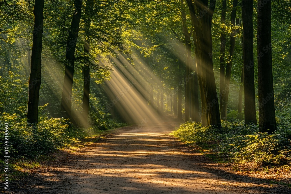 Obraz premium A forest path with sunlight shining through the trees