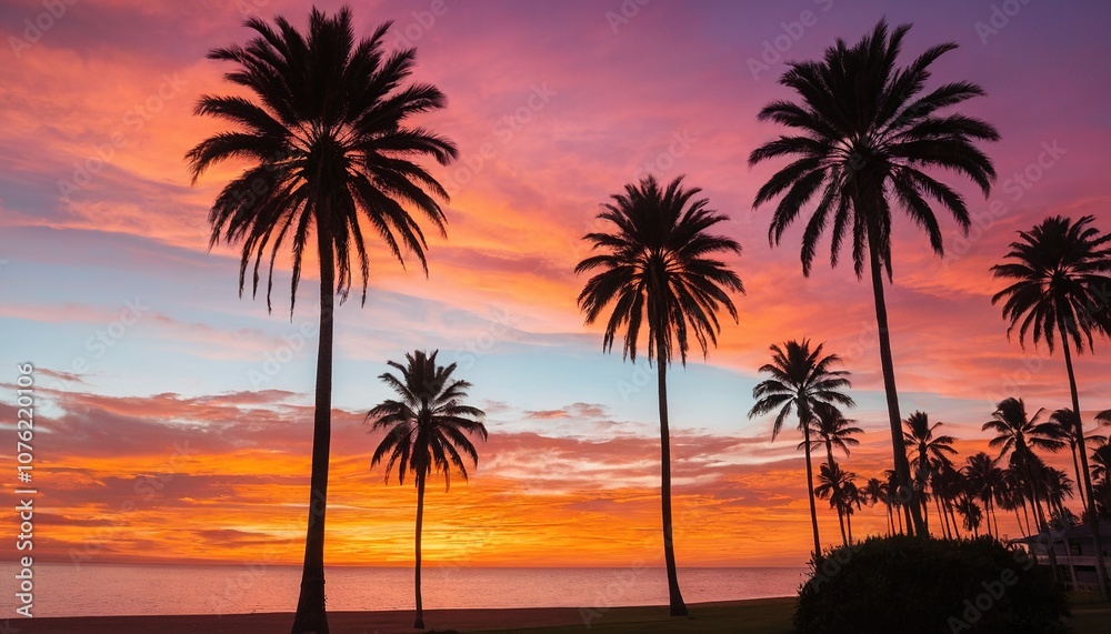 palm trees stand tall against a vibrant orange and pink sunset sky, with the sun dipping below the horizon