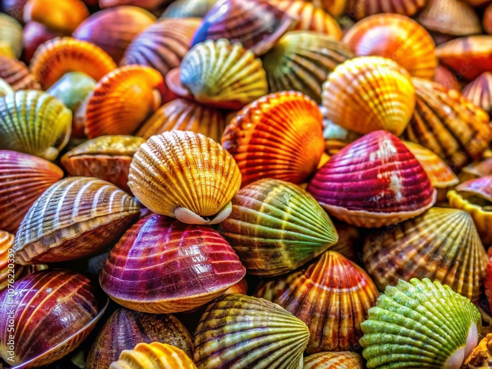 Vibrant Babylonia Areolata shells displayed in a bustling seafood market, enticing culinary enthusiasts with their