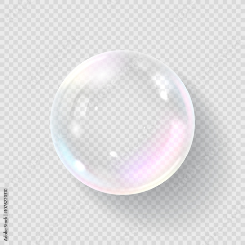 Template of vector realistic soap bubble. Transparent liquid bubbles isolated on checkered background. Template of round soap bubbles with holographic and glares effect for design.