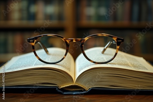 Open Book with Eyeglasses Resting on Top