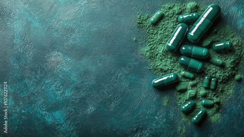 Spirulina supplements in the form of capsules and powder create a green superfood backdrop, perfect for highlighting the benefits of spirulina in a top view presentation with copy space. photo