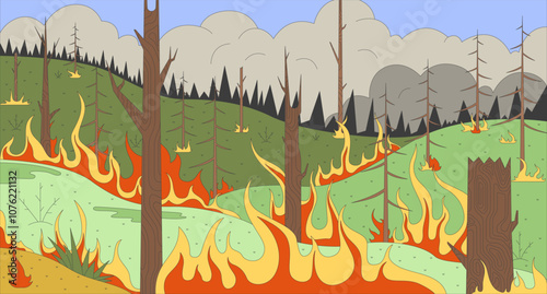Forest fire flat illustration. Danger of climate crisis. Burning trees and smoke at wild woodland 2D landscape cartoon background. Environment damage caused by global warming scene vector image
