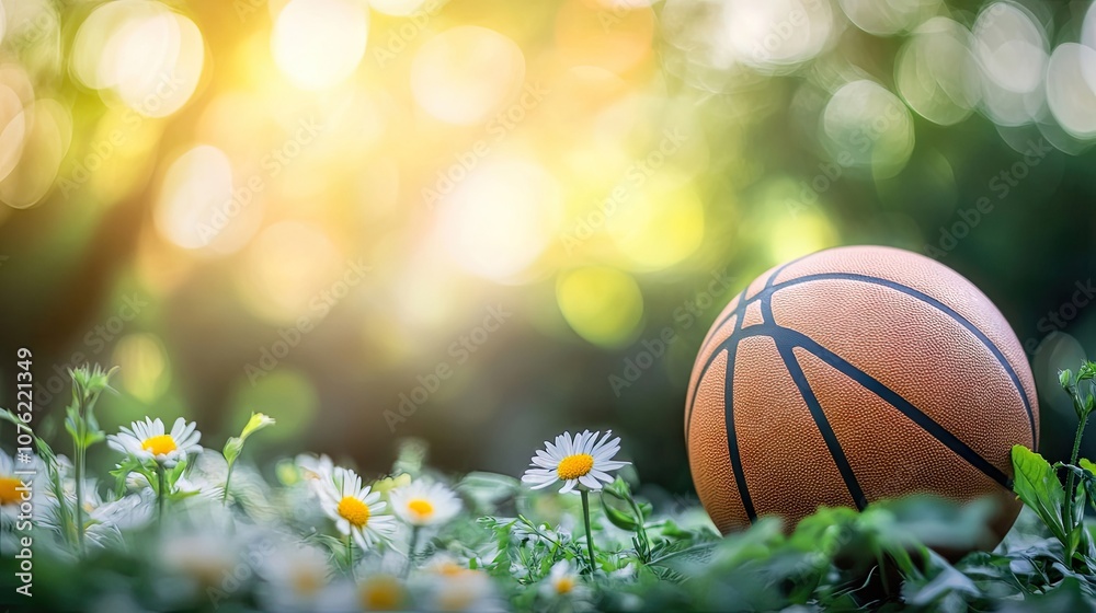 Closeup view of a basketball on the court, with a bokeh effect created by natural elements and green flowers, offering a vibrant summer background and ample copy space. Closeup view of a basketball on the court, with a bokeh effect created by natural elements and green flowers, offering a vibrant summer background and ample copy space.