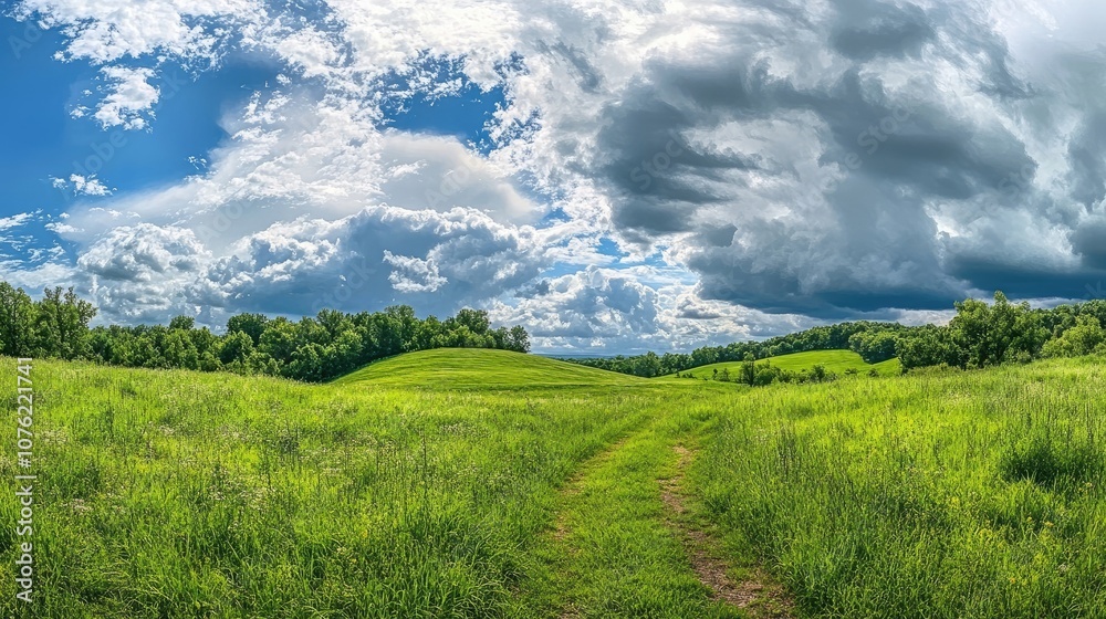 Panoramic landscape capturing the beauty of a lush green rural field with a small hill, all beneath dramatic storm clouds. This panoramic landscape offers ample photo space.