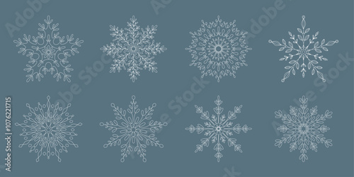 Set of Snowflakes isolated on background. Merry Christmas and Happy New Year icon collection. Hand draw vector elements. Fairytale snowflakes in line art style. Snowflake one single stroke line