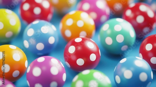 Colorful polka-dot balls scattered across a vibrant blue background, creating a playful and cheerful atmosphere.