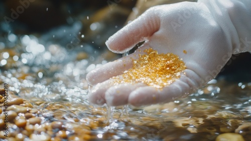 A white-gloved hand holds small gold nuggets in a river, representing mining. The close-up shows glistening particles with softly blurred water and rocks in the background

