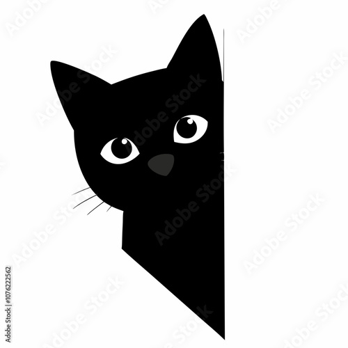 Cute black cat peeking out from around the corner vector illustration