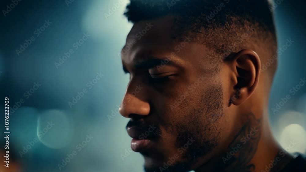 Close-up of a young hispanic man transitioning from anger to calm, static video with dramatic side lighting and a blurred urban background