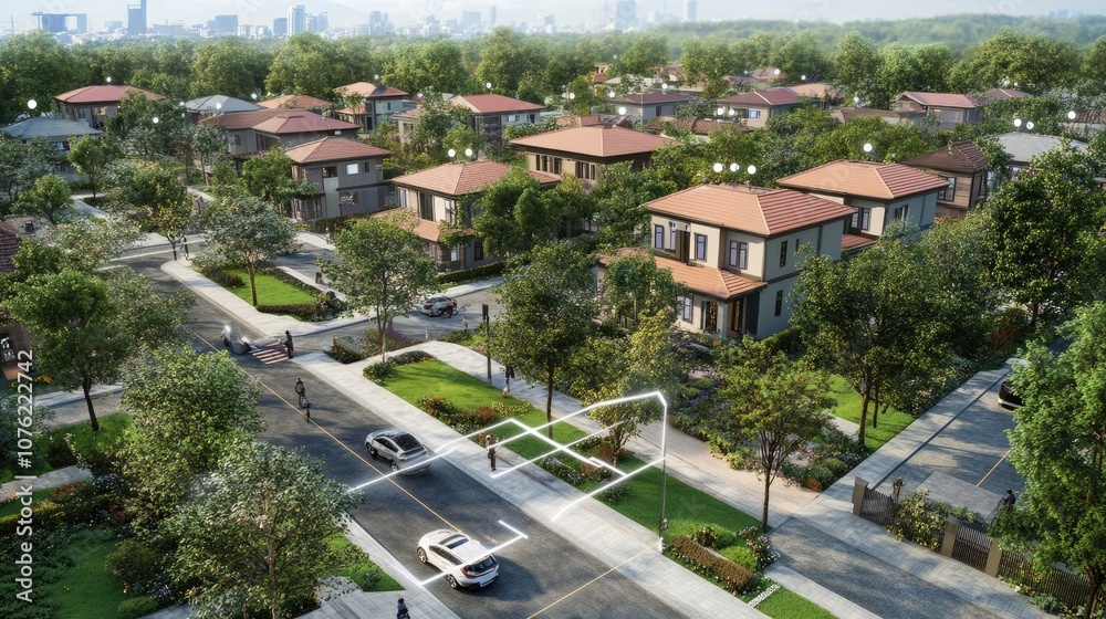 Aerial View of a Modern Suburban Neighborhood Featuring Houses, Greenery, Street Design, and Urban Architecture for Real Estate and Community Planning Projects Aerial View of a Modern Suburban Neighborhood Featuring Houses, Greenery, Street Design, and Urban Architecture for Real Estate and Community Planning Projects