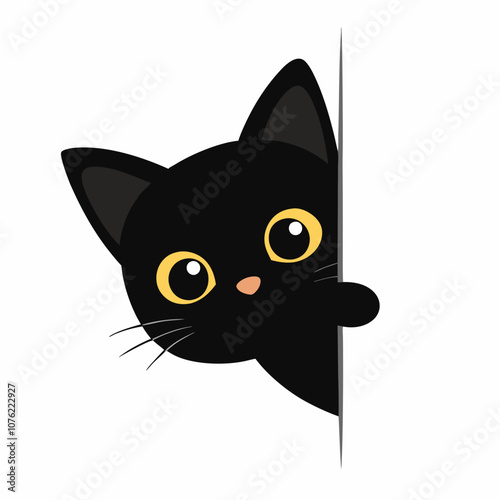 Cute black cat peeking out from around the corner vector illustration